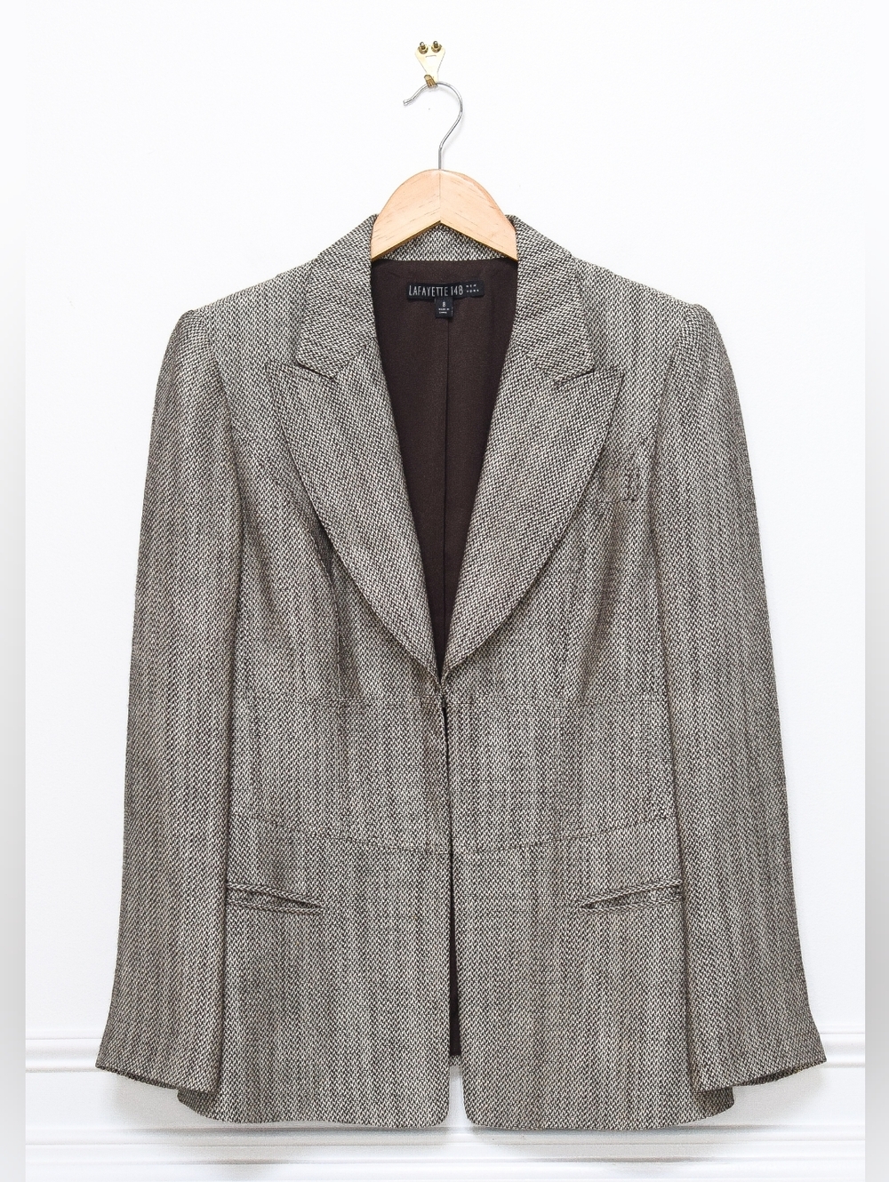 Lafayette 148 Linen Blazer Brown Herringbone Tweed Fitted Shoulder Pads Size 8